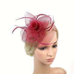 Mesh Flower Headband Faux Feather Head Piece With Clip Duck Billed Clip