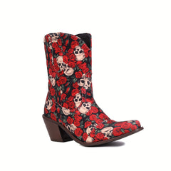 Women's Rose & Skull Print Cowgirl Boots Chunky Heel Slip On Western Boots