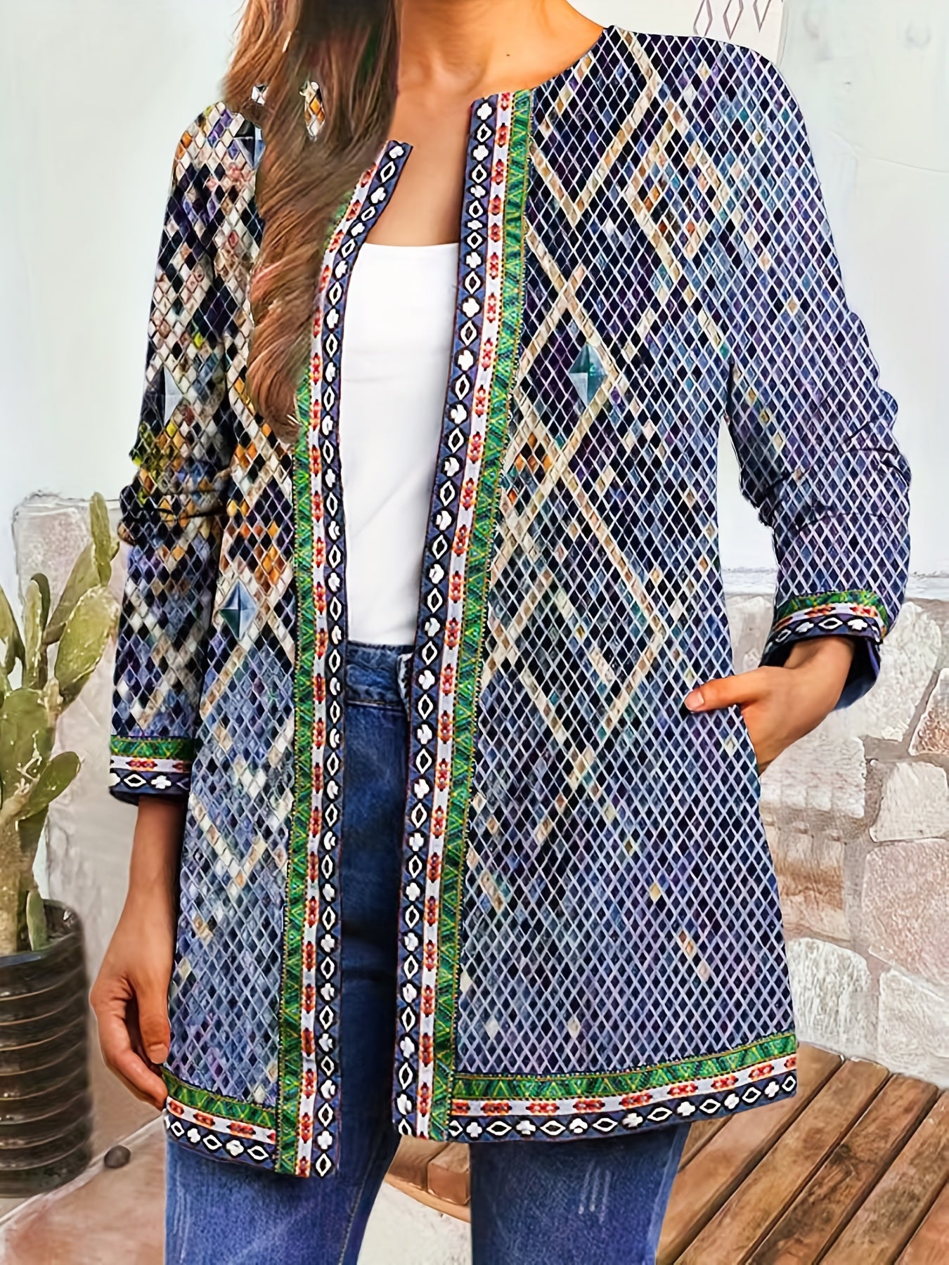 Ethnic Print Open Front Jacket Vintage Long Sleeve Crew Neck Outerwear
