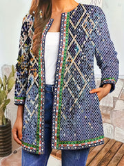 Ethnic Print Open Front Jacket Vintage Long Sleeve Crew Neck Outerwear