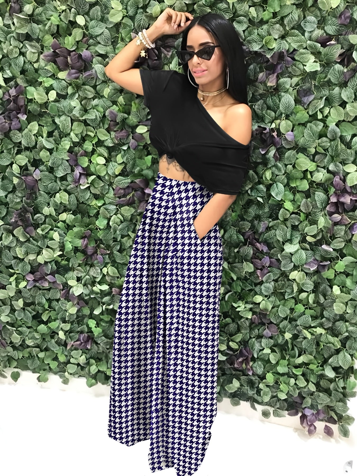 Houndstooth Wide Leg Pants High Waist Casual Pants With Pockets