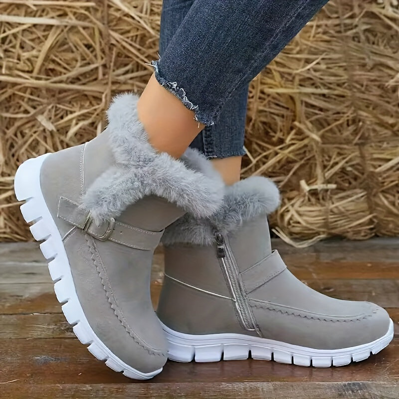 Women's Solid Snow Boots Side Zipper Round Toe Velvet Warm Fluffy Winter Shoes