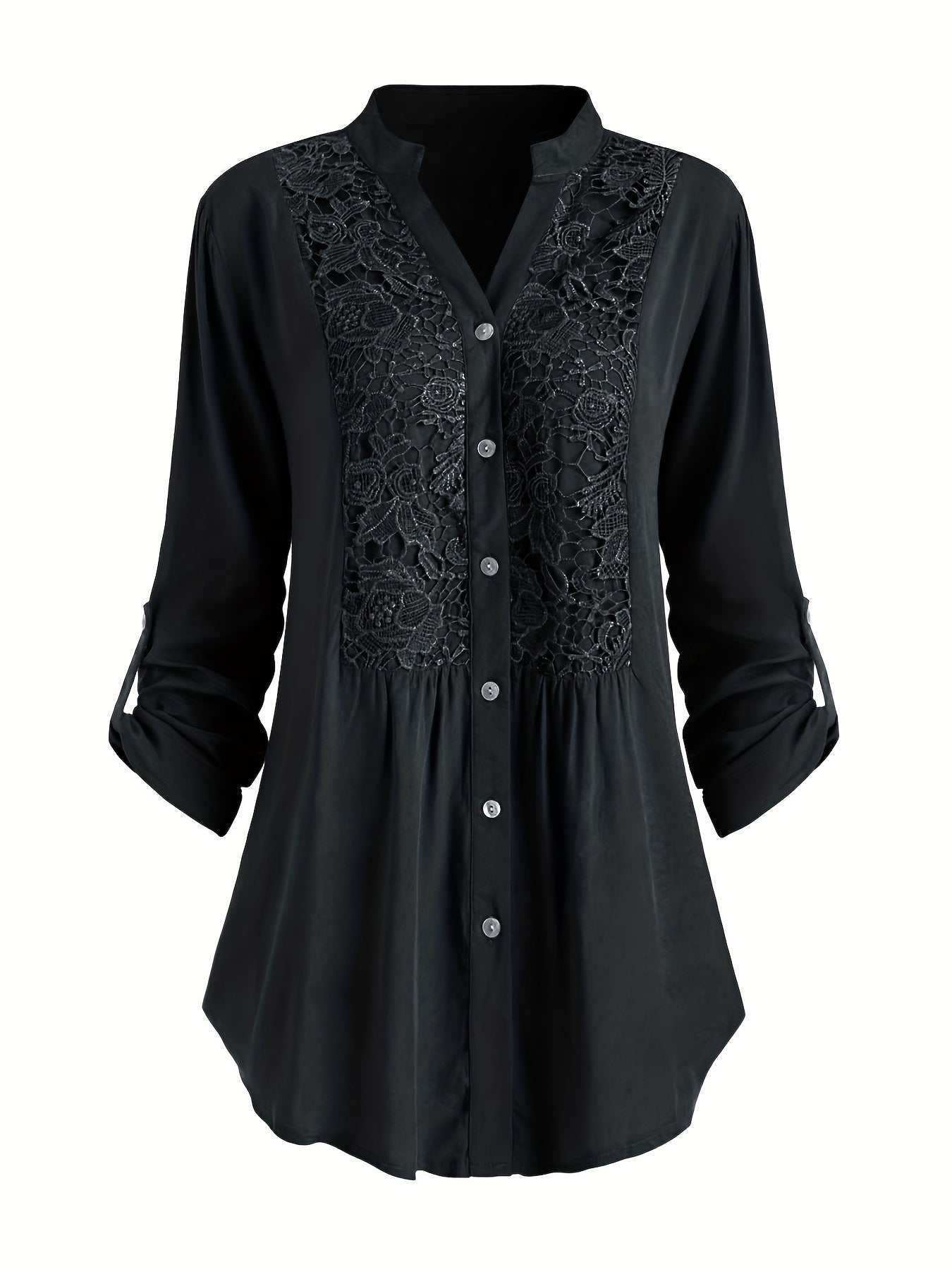 Solid Button Up Lace Panel Blouse