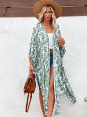 Green Print Fringed Beach Cardigan Casual Loose Cover Ups Kimono