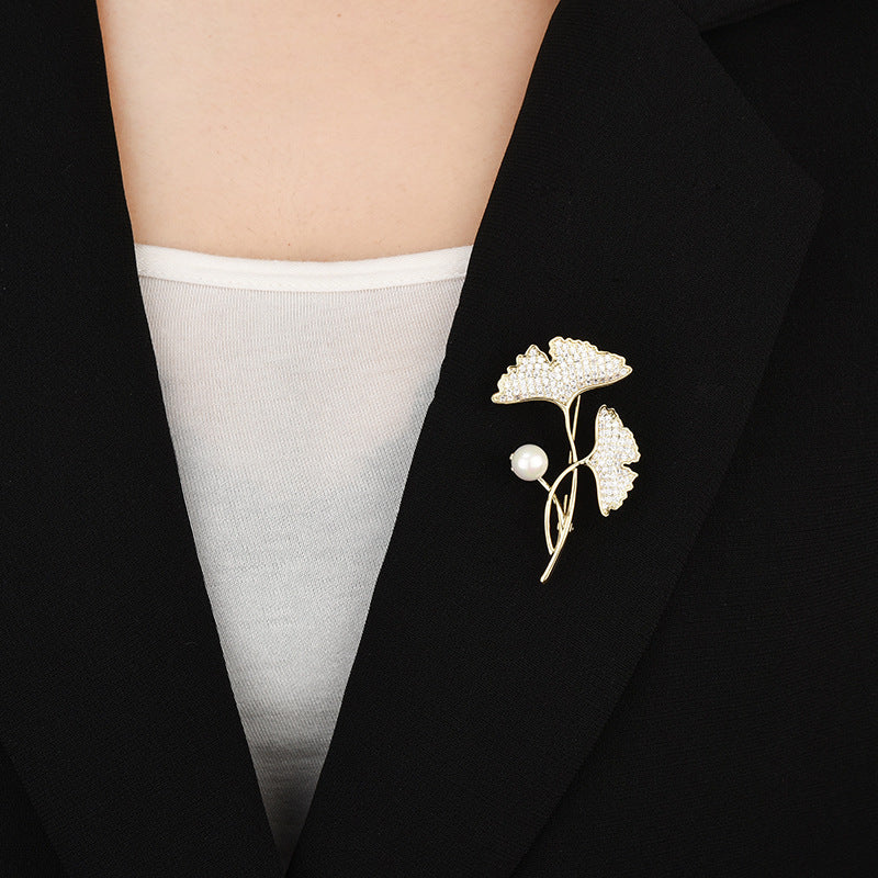 Ginkgo Leaf Scarf Pin Faux Pearl Rhinestone Brooch Women Shawl Clip