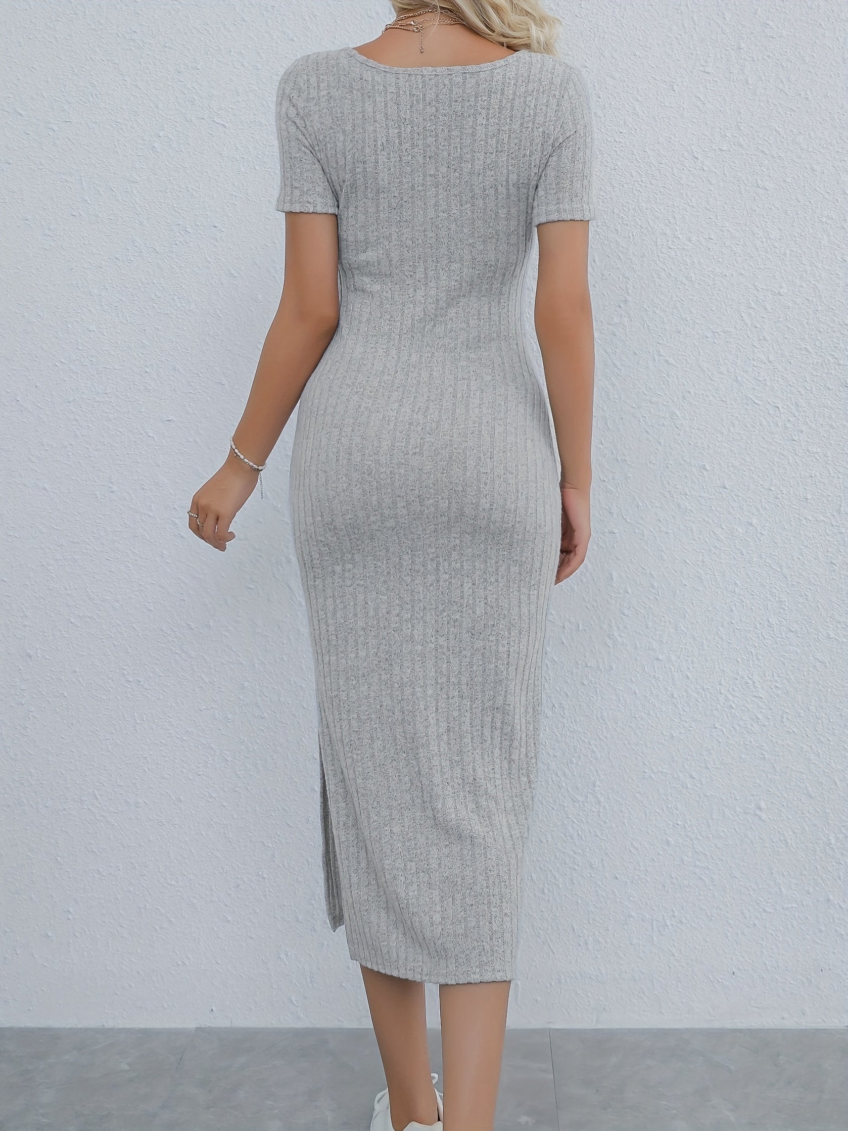Y2K Ribbed Split Bodycon Dress Square Neck Short Sleeve for Spring & Summer