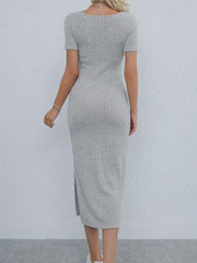 Y2K Ribbed Split Bodycon Dress Square Neck Short Sleeve for Spring & Summer