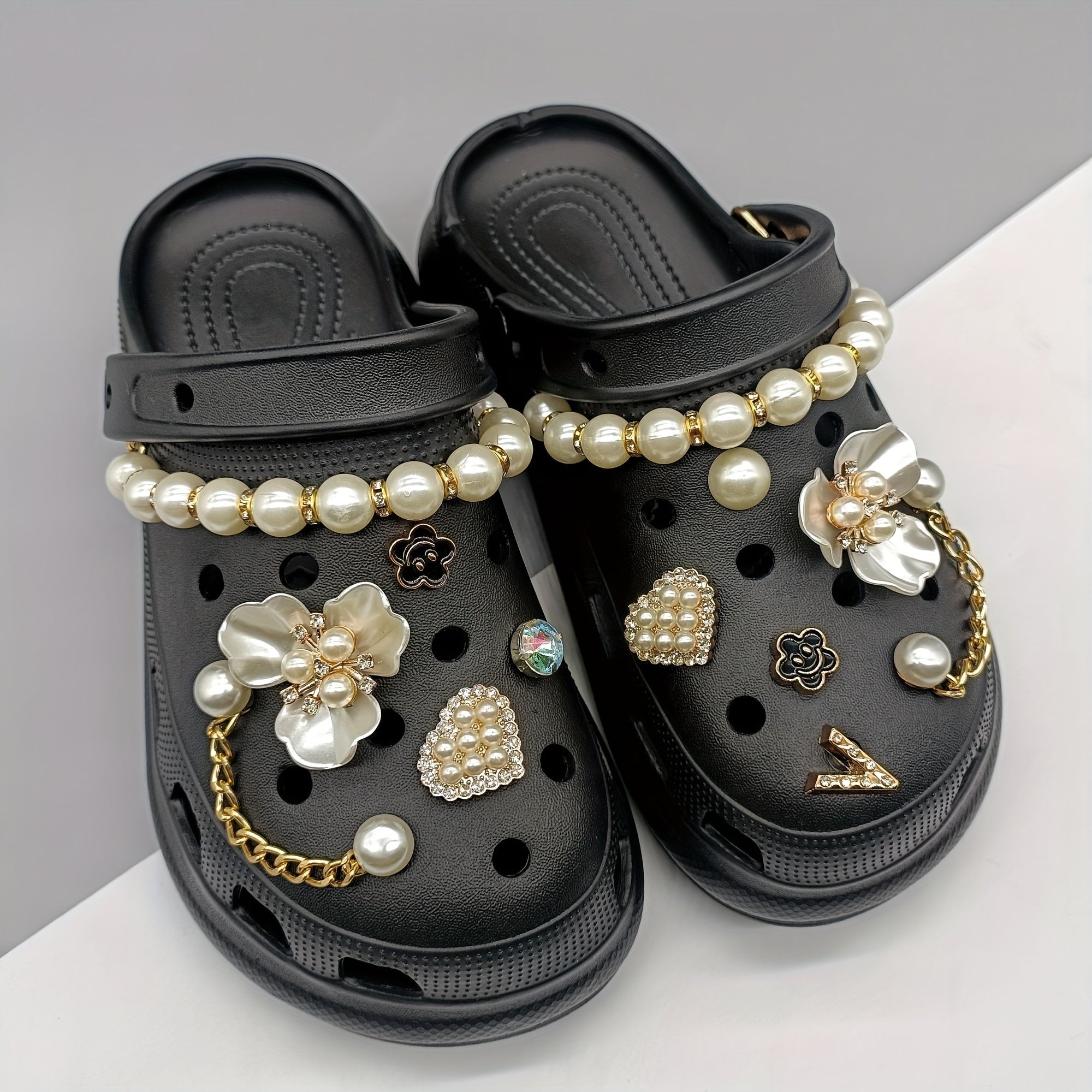 13Pcs Faux Pearl Chain & Flower Shoe Charms for Clogs Garden Shoes DIY