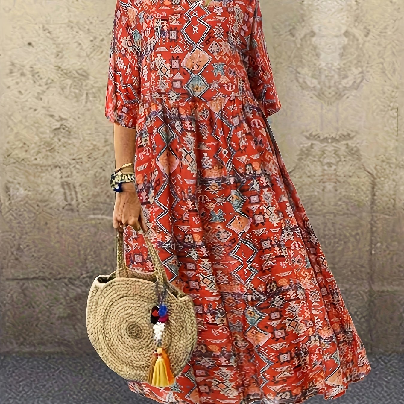 Boho Dress Women's Plus Size Allover Print Half Sleeve Maxi Dress