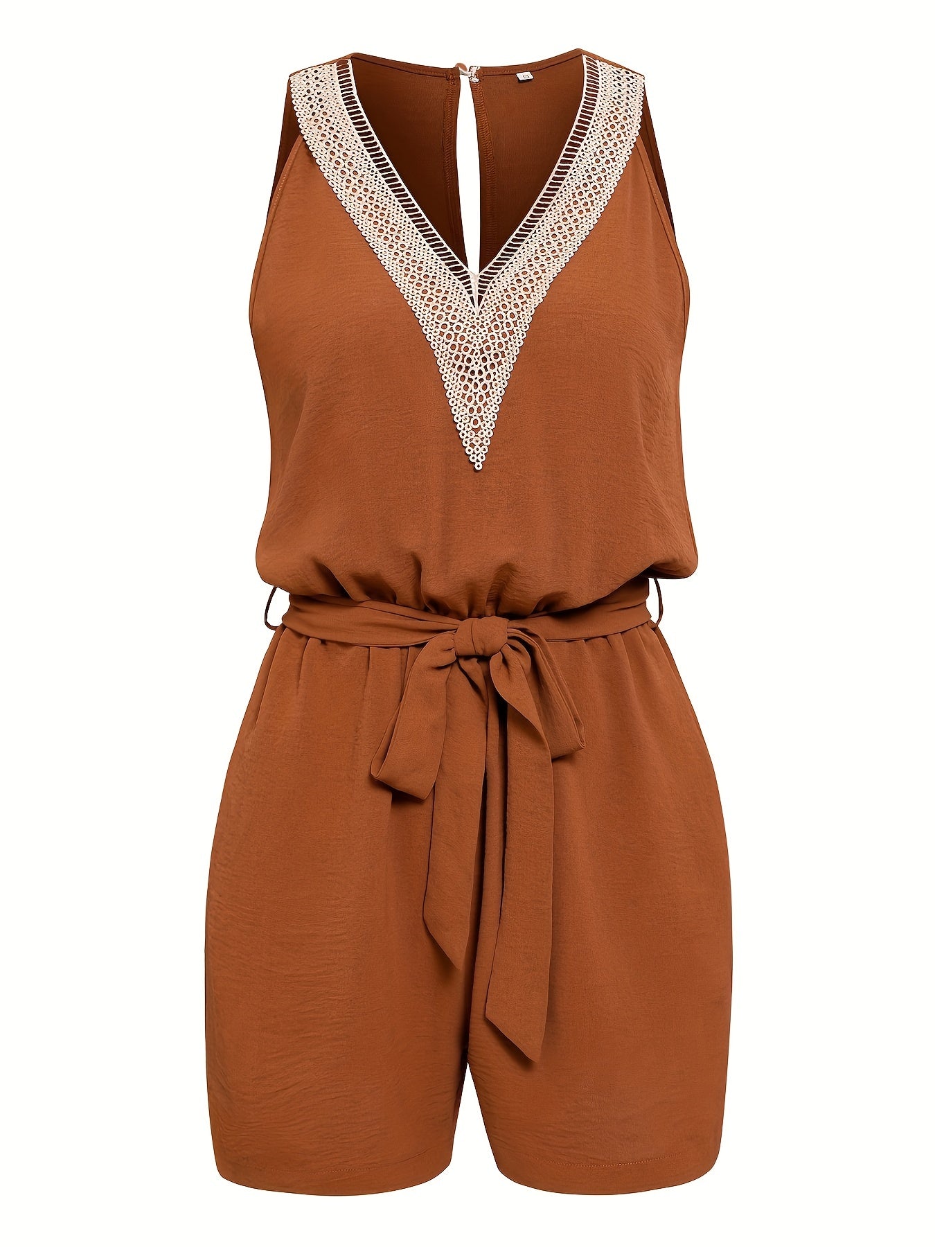Guipure Lace Tie Waist Romper Sleeveless V neck Jumpsuit