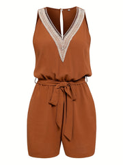 Guipure Lace Tie Waist Romper Sleeveless V neck Jumpsuit