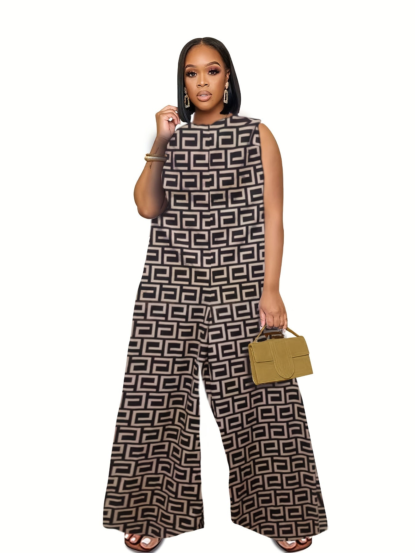 Geometric Print Sleeveless Jumpsuit Casual Wide Leg Jumpsuit