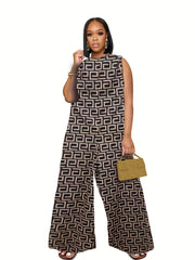 Geometric Print Sleeveless Jumpsuit Casual Wide Leg Jumpsuit