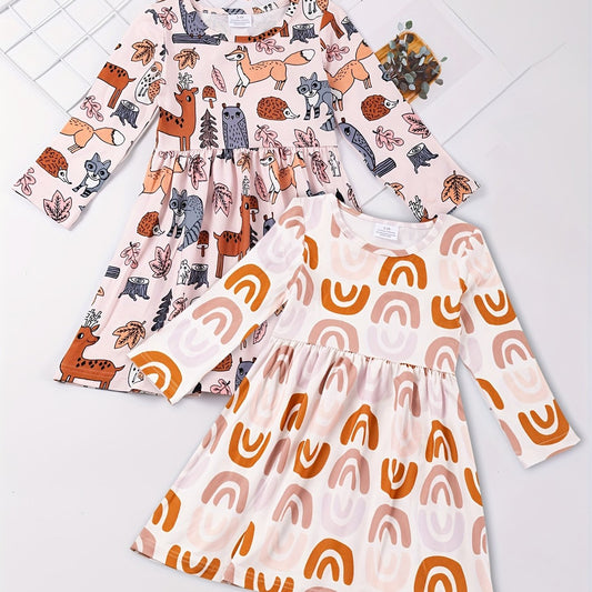 Girls Allover Print Long Sleeve Casual Dress Spring Fall Random Print