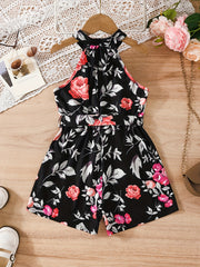 Girls' Rose Floral Print Halter Romper With Belt