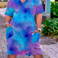 Women's Plus Tie Dye V Neck Midi Dress With Pockets
