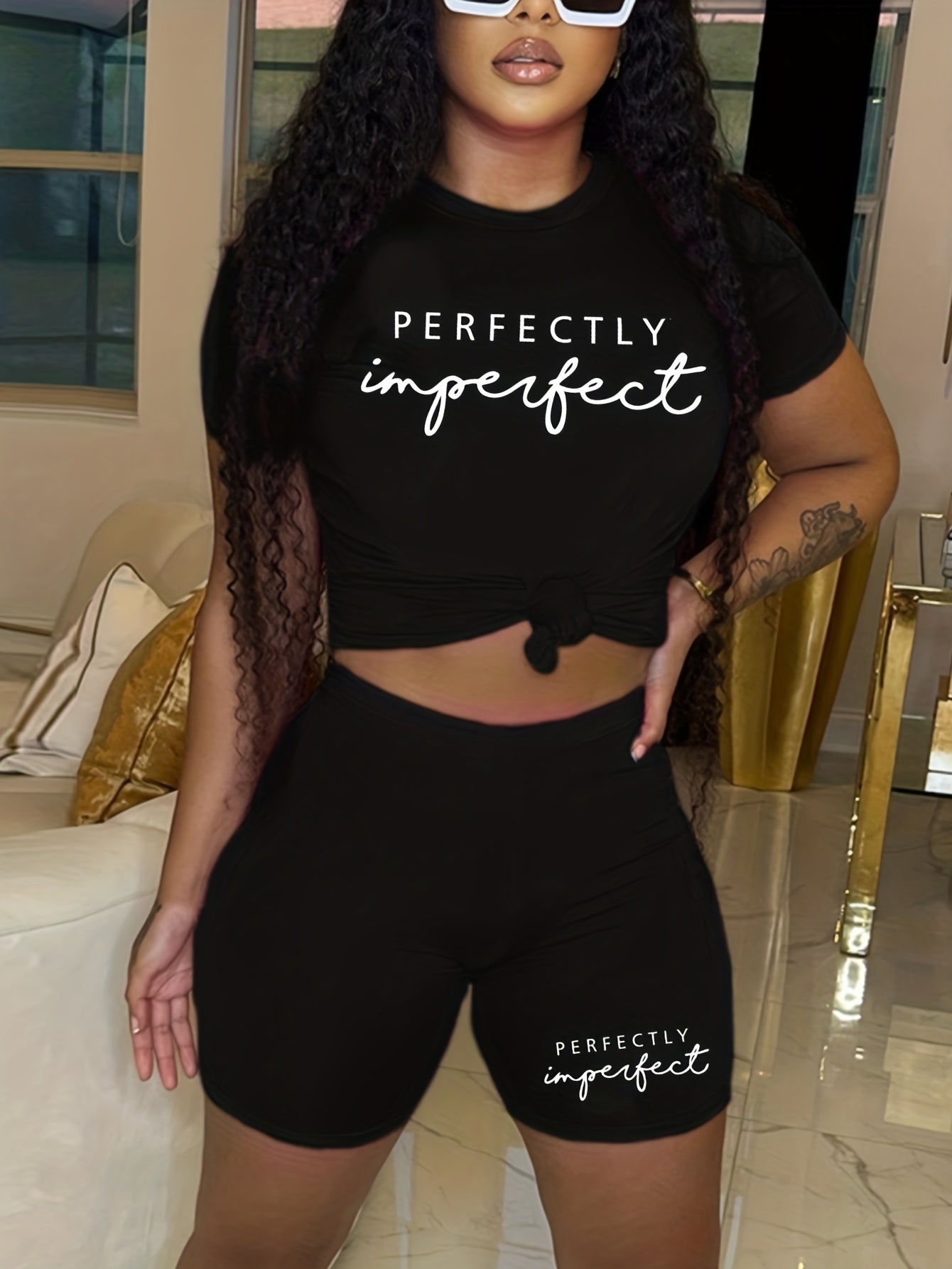 Short Sleeve Crew Neck T Shirt & Shorts 2pcs Set for Women