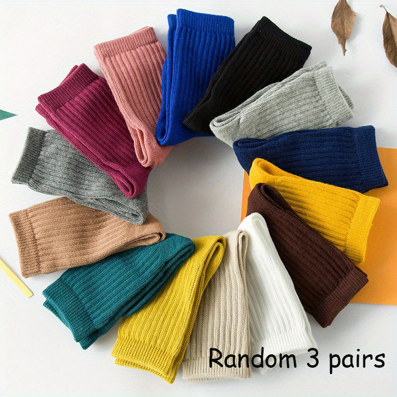 3 Pairs Girls Kids Cotton Blend Stacking Socks Vertical Stripe Crew Socks
