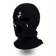 3-Hole Embroidery Mask Hat Outdoor Sunscreen Warm Beanie