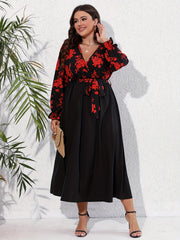 Colorblock Floral Print Surplice Neck Dress