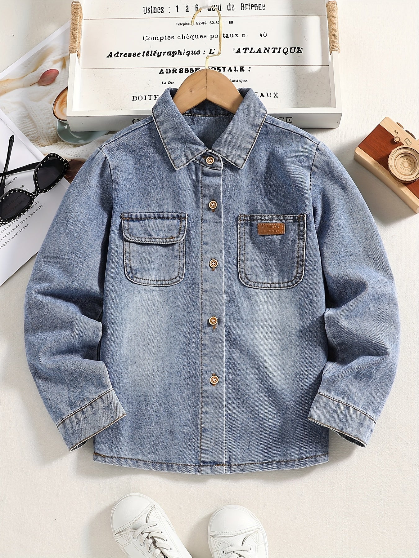 Boys Casual Denim Jacket Button Down Lapel Long Sleeve Coat