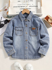 Boys Casual Denim Jacket Button Down Lapel Long Sleeve Coat