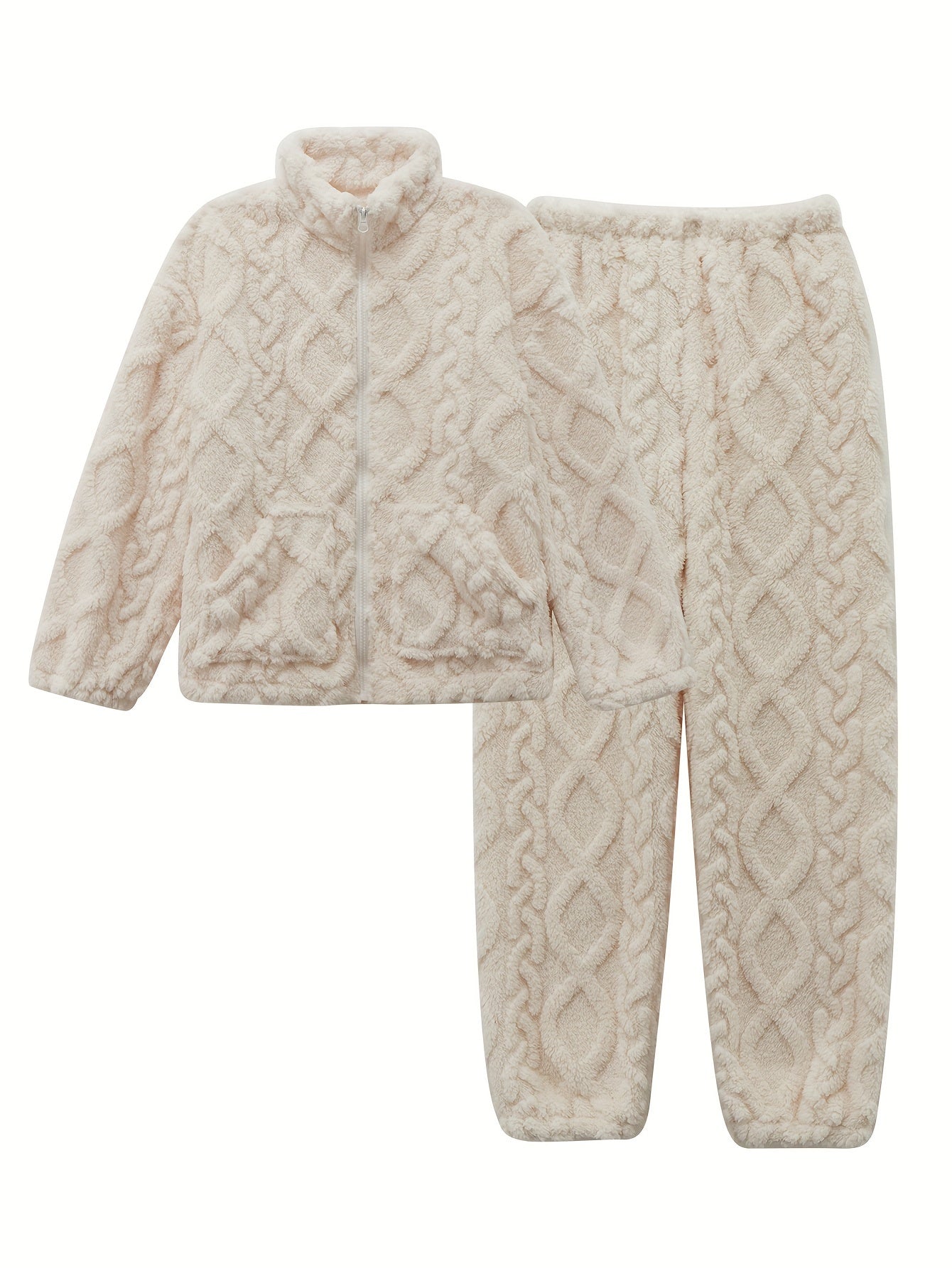 Fuzzy Pajama Set Zip Top & Pants Women's Sleepwear