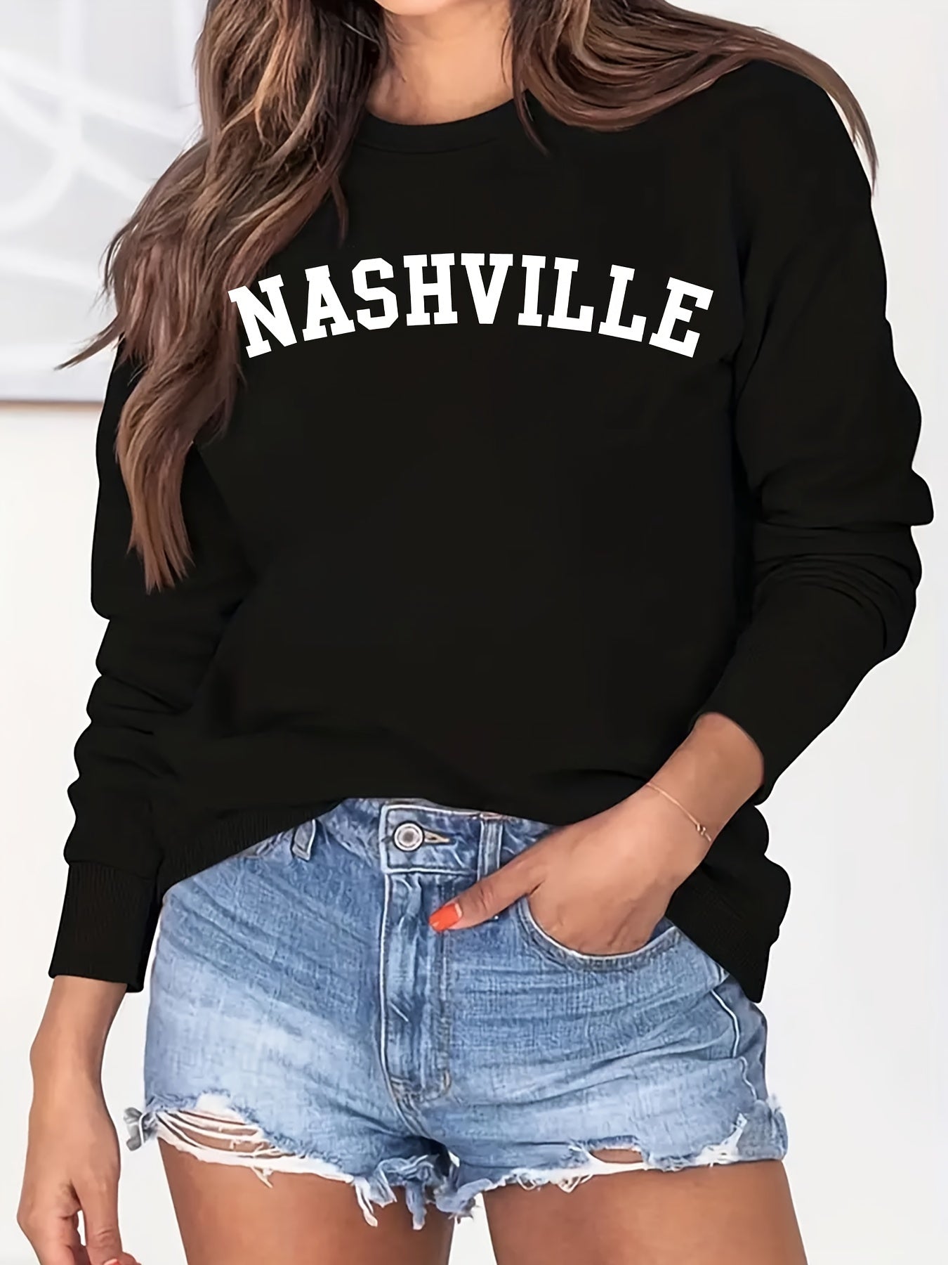 Nashville Print Loose Sweatshirt Crew Neck Women's Clothing