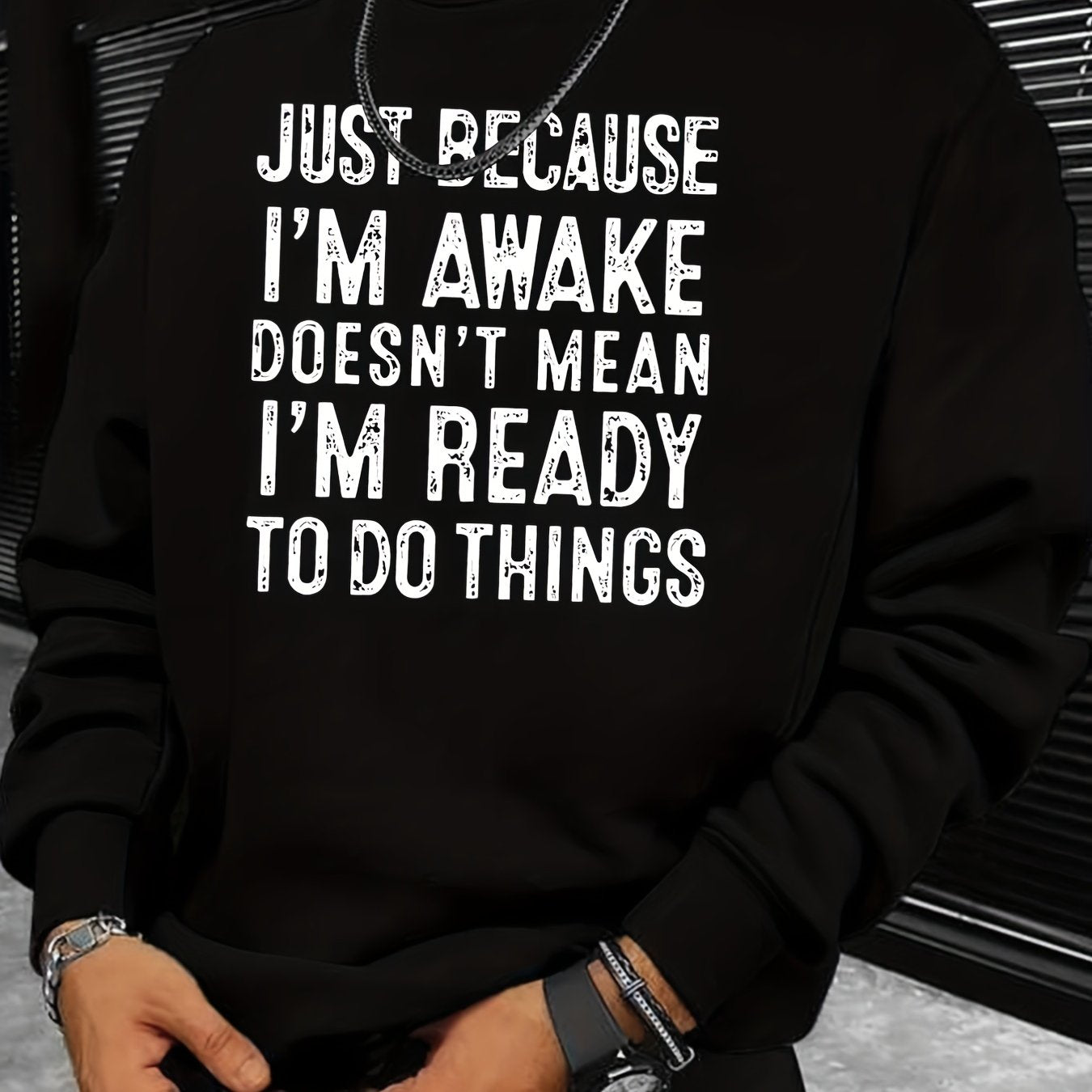 Funny Slogan Print Sweatshirt Men's Casual Graphic Crew Neck Pullover Sweatshirt