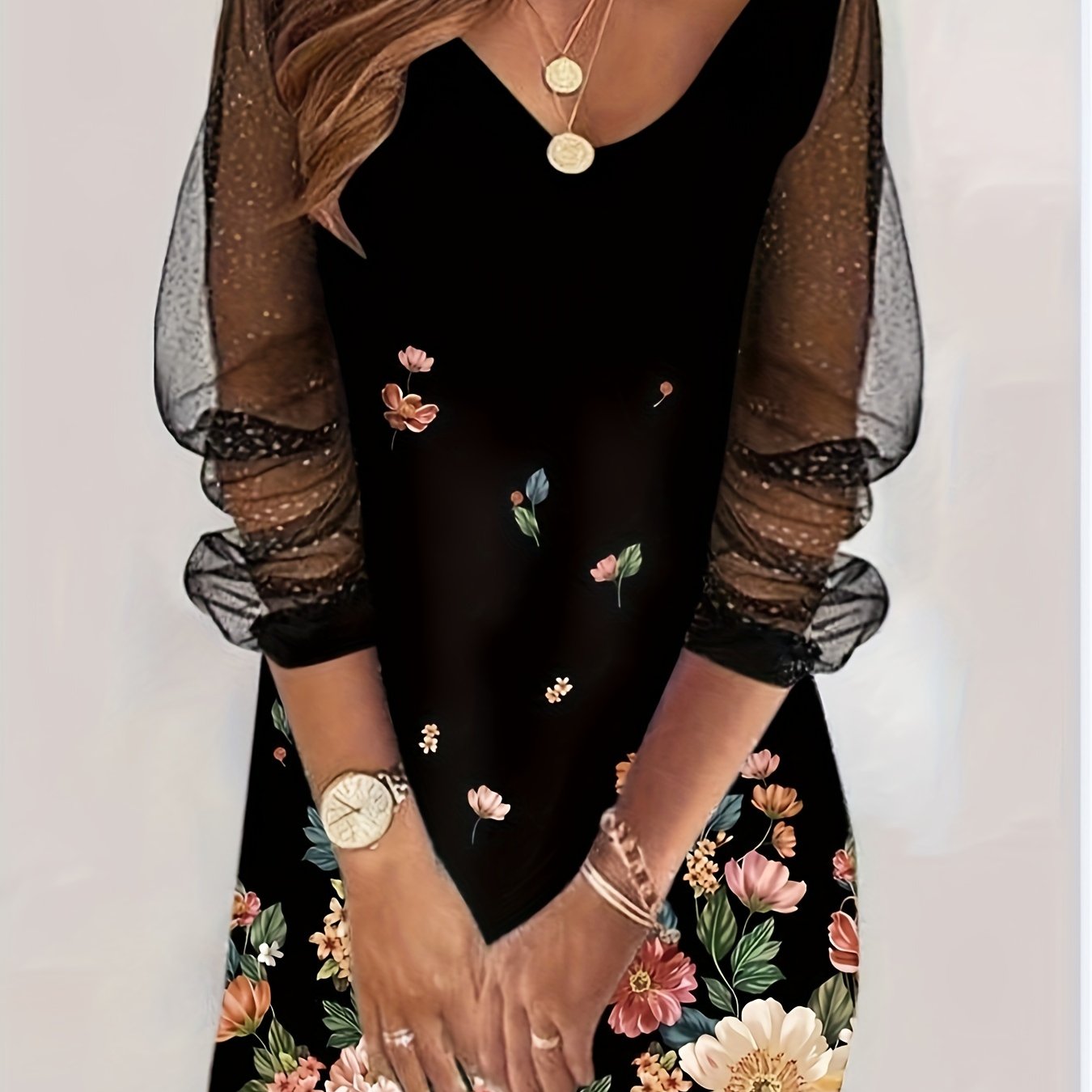 Women's Floral V Neck Mini Dress