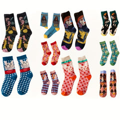 5 Pairs Men's Novelty Socks Vintage Cartoon Patterns Christmas Gift