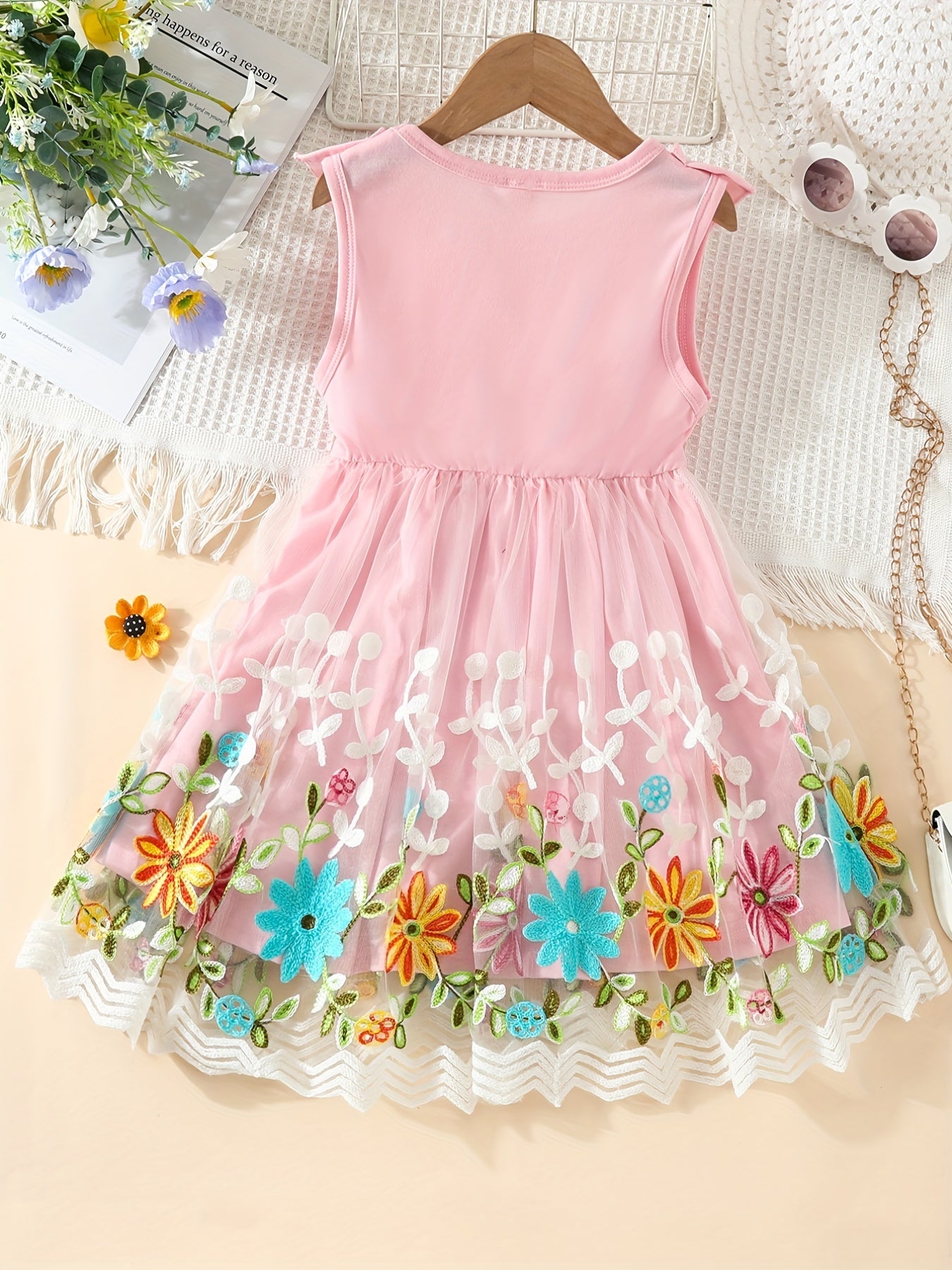Toddler Girls Sleeveless Ruffle Trim Floral Embroidery Mesh Princess Dress