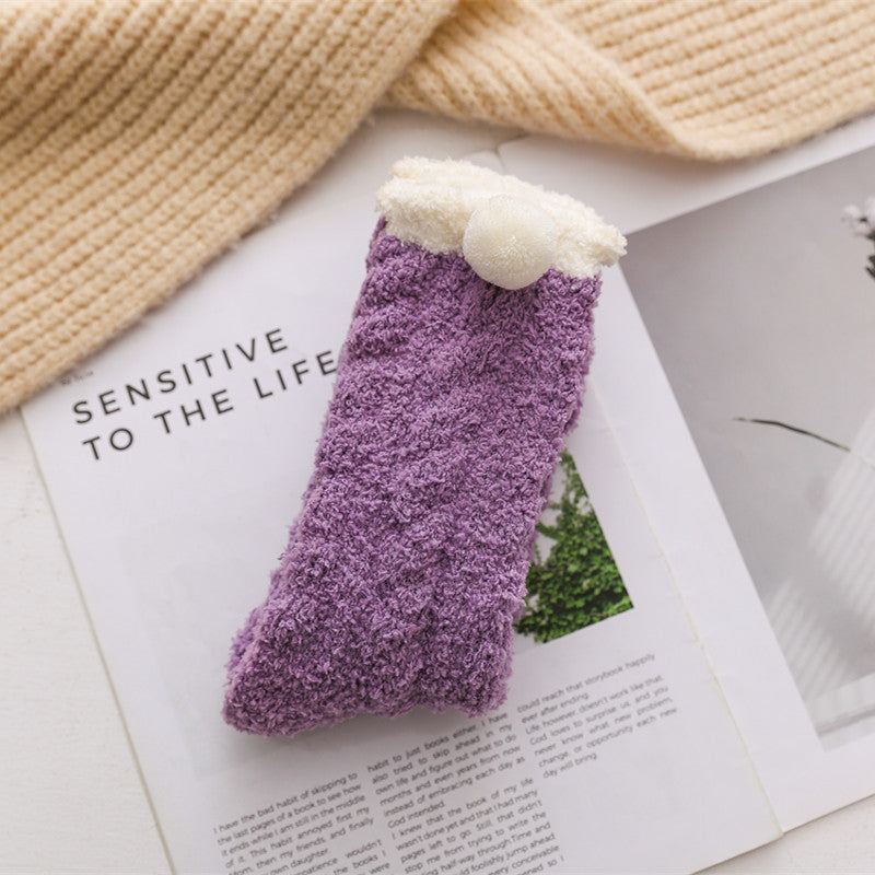 Cozy PomPom Crew Socks Coral Fleece Women's Stockings
