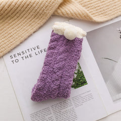 Cozy PomPom Crew Socks Coral Fleece Women's Stockings