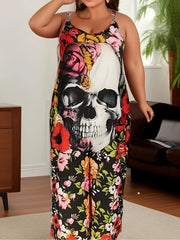Gothic Skull & Floral Print Wide Leg Cami Jumpsuit