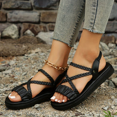Women's Solid Pleated Sandals Cross Strap Lightweight Summer Shoes