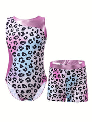 Girls 2pc Gymnastics Training Sets Sleeveless Athletic Jumpsuit & Shorts