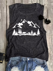 Mountain Print Tank Top Sleeveless Crew Neck Casual Top