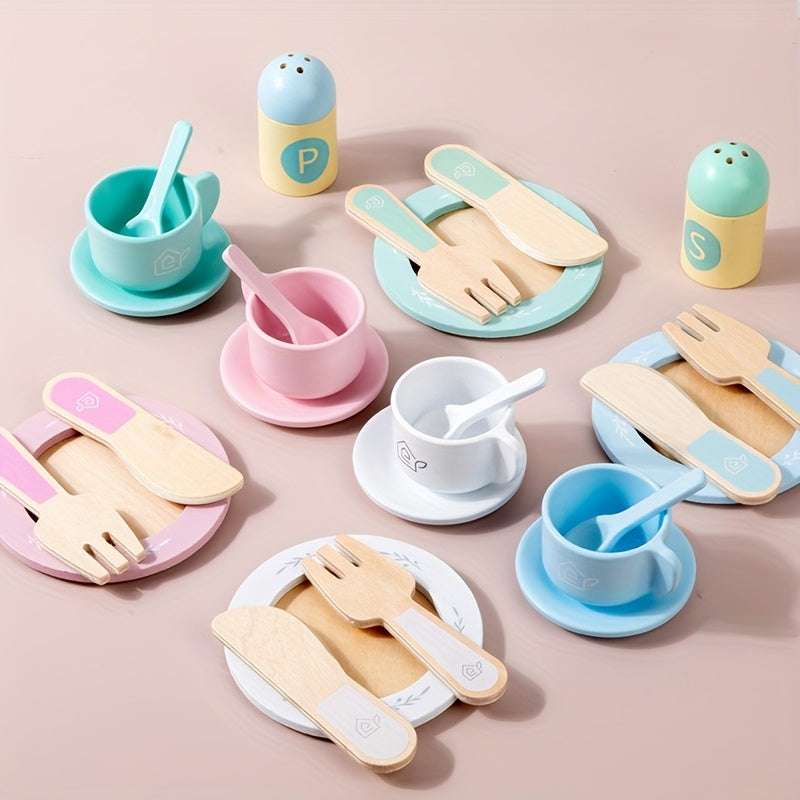 30pcs Macaron Wooden Tea Set Plates Knives Spoons Kitchen Role Play Toy
