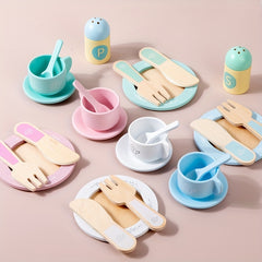 30pcs Macaron Wooden Tea Set Plates Knives Spoons Kitchen Role Play Toy