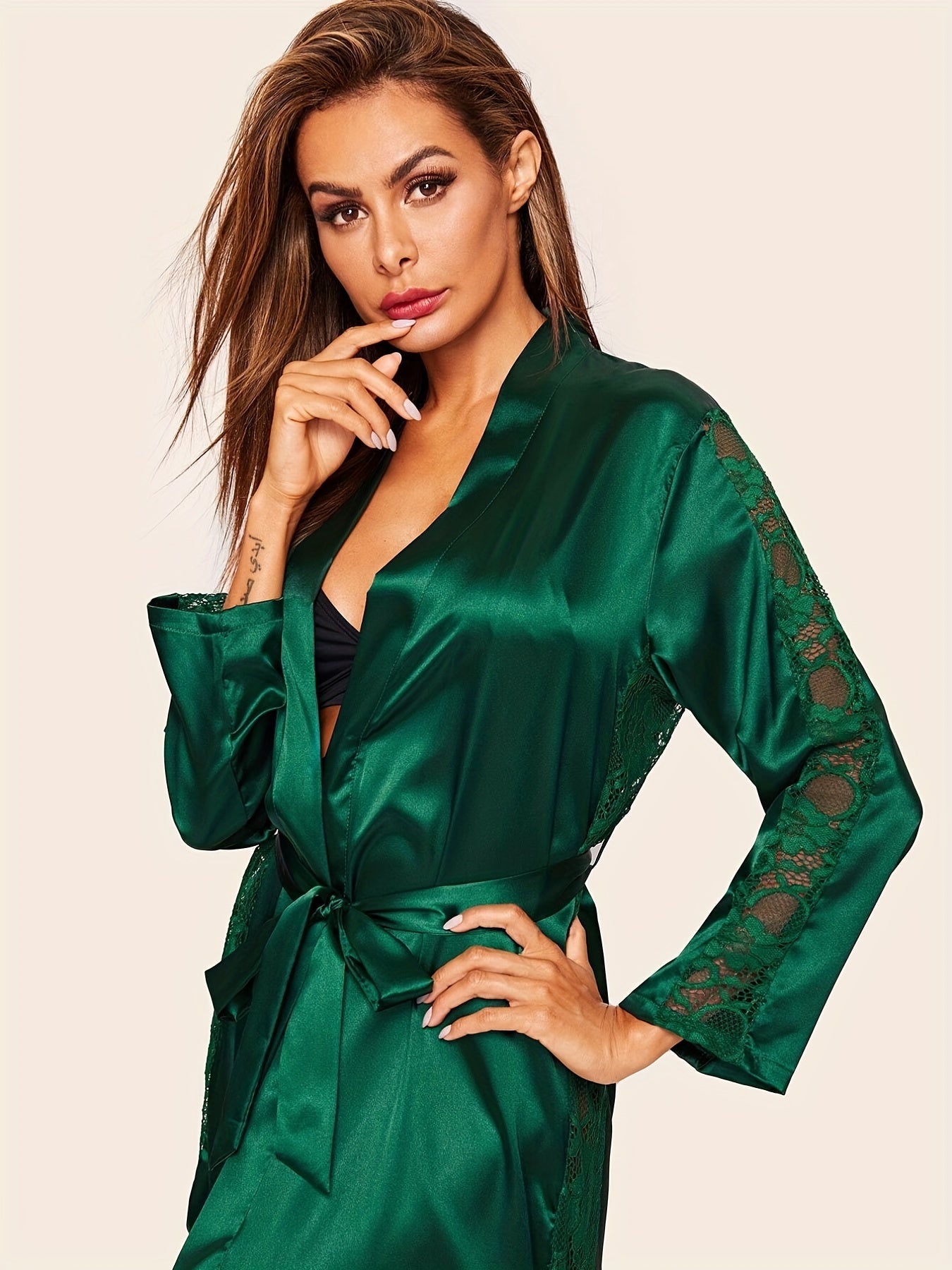 Lace Satin Night Robe Long Sleeve V Neck Belted Women's Sleepwear