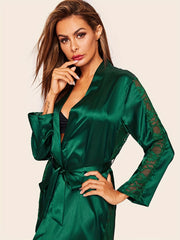 Lace Satin Night Robe Long Sleeve V Neck Belted Women's Sleepwear