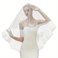 Sheer Ruffled Mesh Bridal Veil with Face Veil Long Flowing Wedding Veil