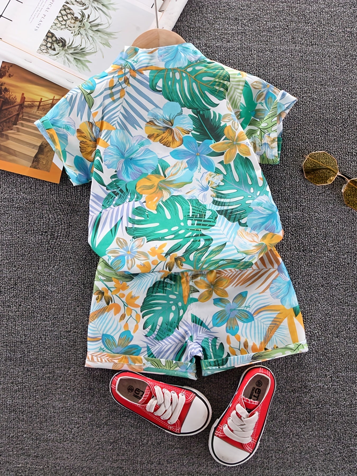 Boys Leaf & Flower Print Outfit Shirt & Shorts Kids Summer Clothes Sets