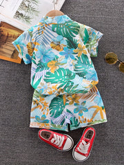 Boys Leaf & Flower Print Outfit Shirt & Shorts Kids Summer Clothes Sets