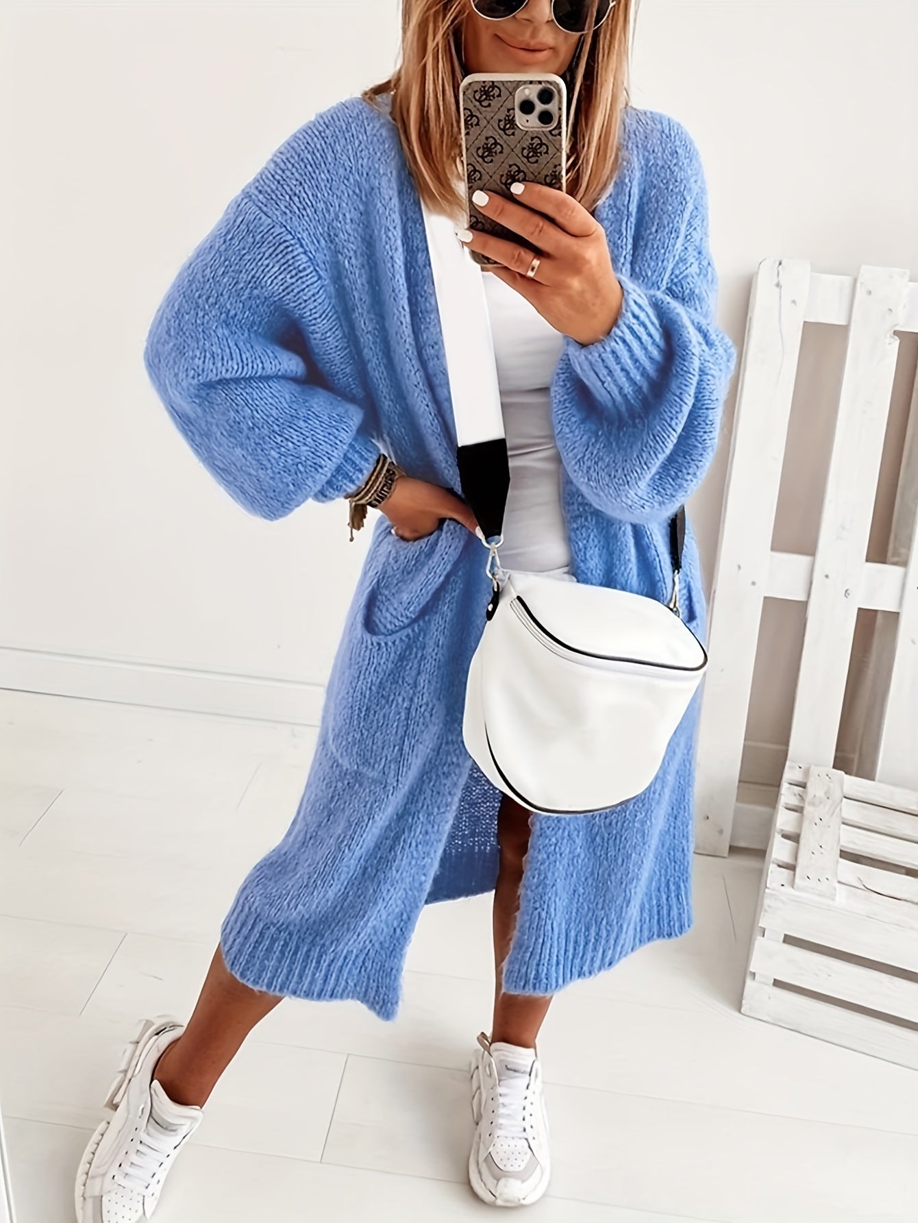 Solid Long Sleeve Open Front Cardigan with Pockets