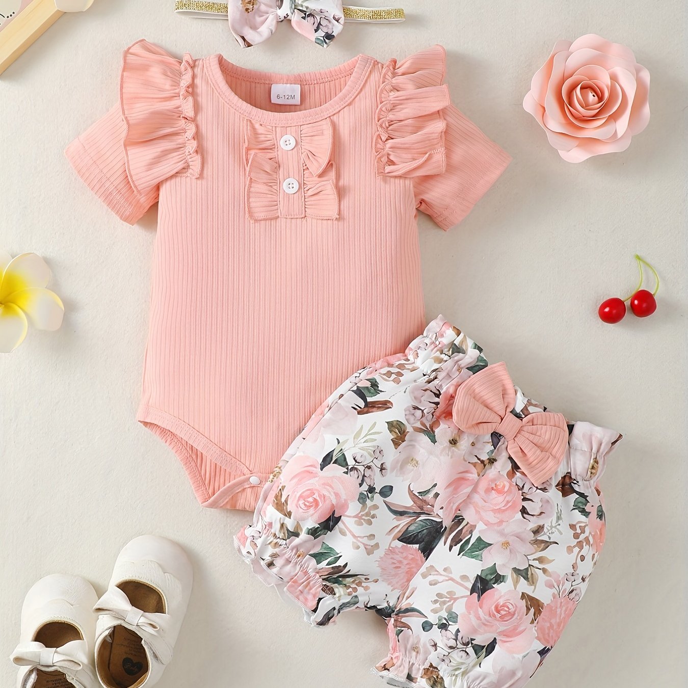 3pcs Baby Infant Girls Casual Onesie & Floral Shorts Set