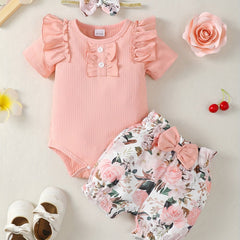 3pcs Baby Infant Girls Casual Onesie & Floral Shorts Set