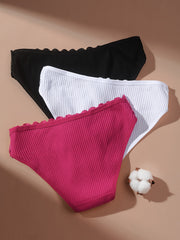 3pcs Lace Ribbed Briefs Stretchy Intimates Panties Women's Lingerie