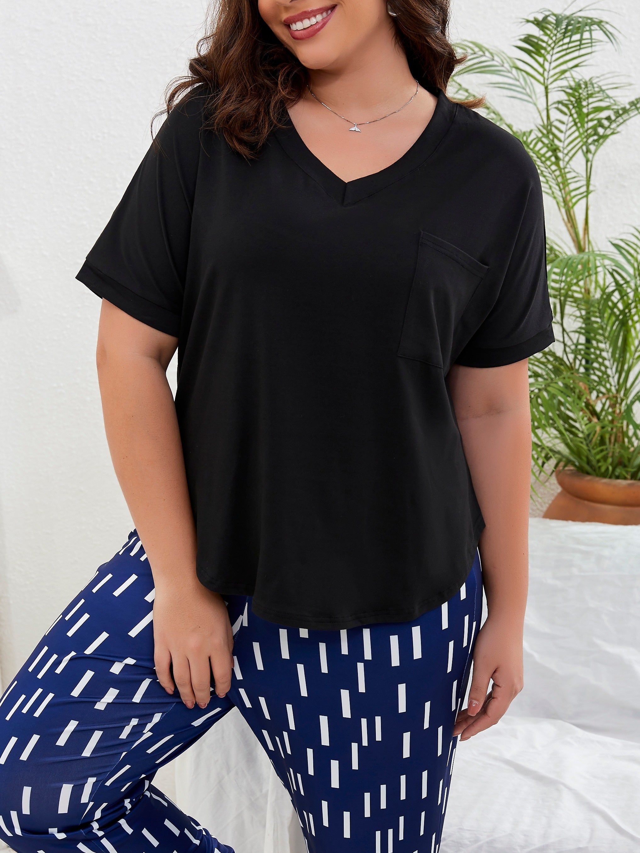 Casual Pajama Top V Neck Short Sleeve Sleepwear Tee